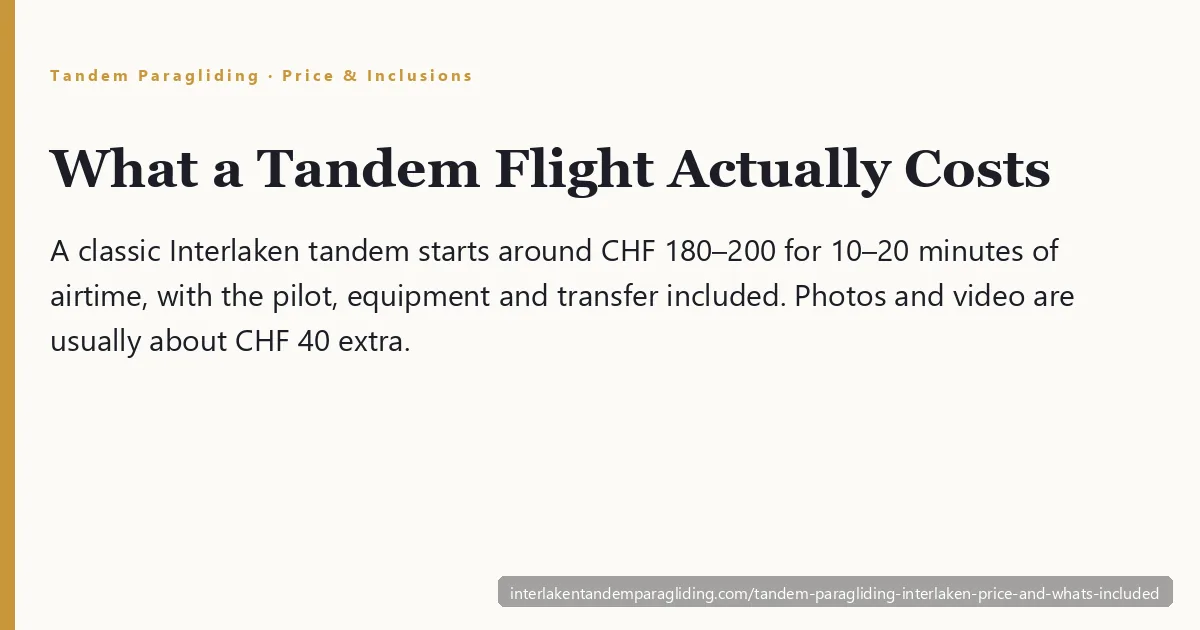 Tandem paragliding Interlaken price and inclusions — a classic flight from around CHF 180 with pilot, equipment and transfer included, over Lakes Thun and Brienz